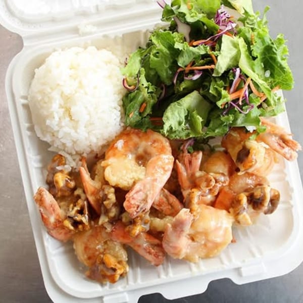 Wailua Drive In's Hawaiian plate lunch with garlic shrimp, white rice, and a green salad.
