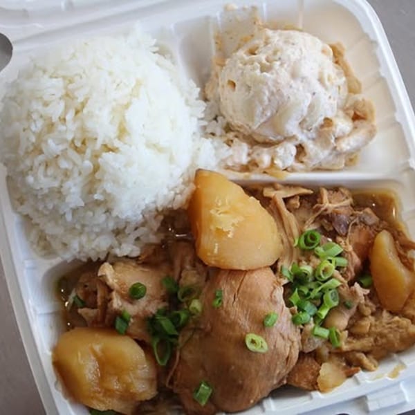 Wailua Drive In's Hawaiian plate lunch with chicken, potatoes, rice, and macaroni salad.