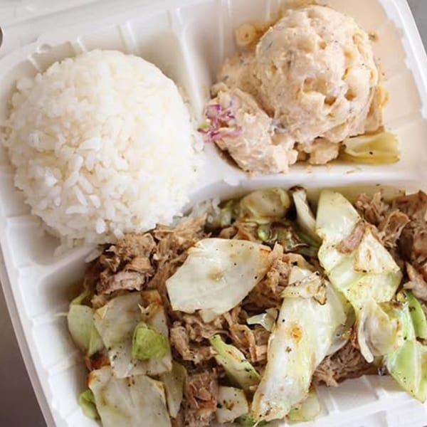 Wailua Drive In's Hawaiian plate lunch with rice, macaroni salad, and kalua pig with cabbage.